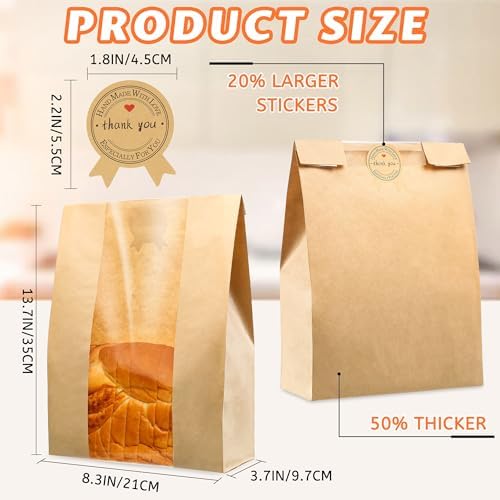 100 Pcs Bread Bags for Homemade Bread, Sourdough Paper Bread Bags With Window, 50% Thicker 13.7x8.2x3.7in, A Large Bakery Bags Used for Storage Bread & Snacks, 110 Cute Sealing Stickers With Ties