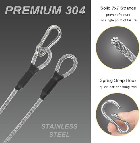 1/8" Stage Light Cables 20 Pack,23.6" Safety Cables with Carabiner Lock for DJ Light Equipments,Stainless Steel Wire Ropes,120lb Load Capacity