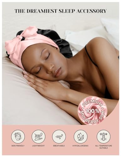 100% Mulberry Silk Bonnet for Sleeping Women with Curly Hair - Valentines Day Gift Silk Sleep Bonnet - Alternative to Double Layer Satin Bonnet with Tie Band - Premium Hair Wrap for Sleep Black