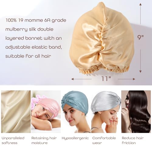 100% Mulberry Silk Sleep Bonnet, Double Layer Silk Turban, Shower Cap, 8 Colors (Black Bonnet With Adjustable Strap)