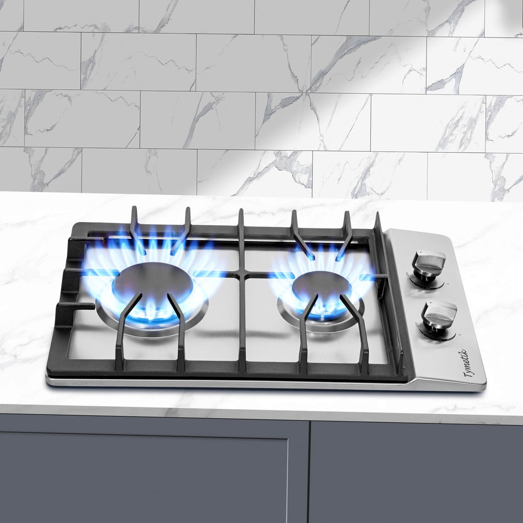 12 Inch Gas Cooktop, 2 Burners Stovetop Built-in Stainless Steel Stove Top Natural Gas/Propane Convertible Cooker for Outdoor, Apartments, RVs