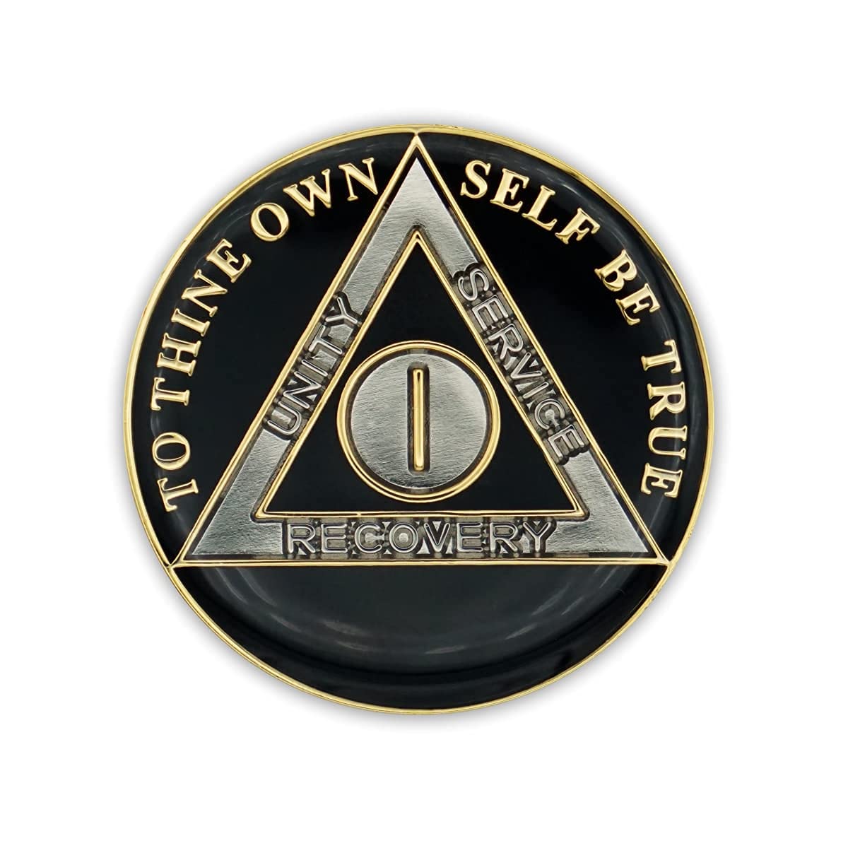 1 Year Sobriety Coin | Triplate AA Chip Recovery Anniversary Token (Black)