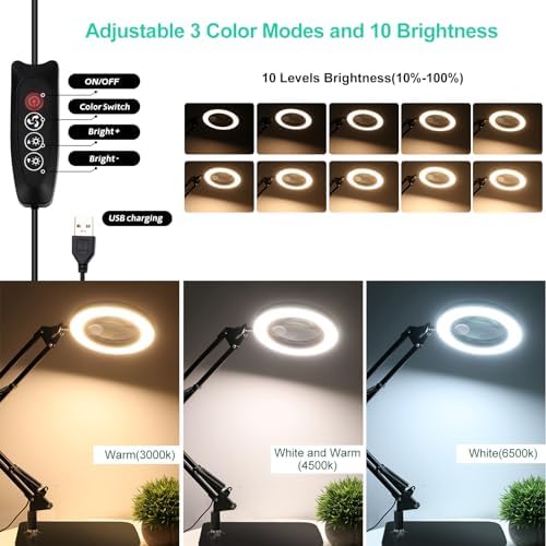 10X 20X Magnifying Glass with Light and Stand and Clamp, 2-in-1 Desk Book Magnifier for Reading 3 Color Modes Lighted Magnifying. Glass with Stand, Adjustable Height Magnifiers with Light Hands Free