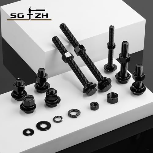 1/4-20 x 1/2" Hex Head Screw Bolt, Nuts, Flat & Lock Washers, 20Pcs 18-8 (304) Stainless Steel, Fully Threaded, Black Oxide by SG TZH