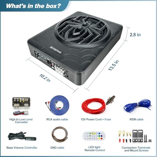 10" 1000W Slim Under Seat Powered Car Subwoofer, Car/Truck Audio Sub Built in Amplifier amp Combo, with Blue LED Light (Subwoofer + Mounting Wire Kit)