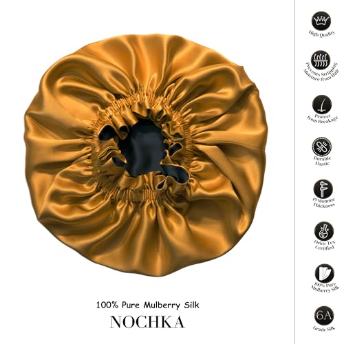 100% Pure Silk Bonnet for Sleeping Women - Reversible Mulberry Silk Hair Wrap - Satin Sleep Bonnet for Black Women - Silk Bonnet Satin Head Wrap for Sleeping - Made in USA (Amber Yellow and Black)