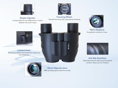 10x25 Binoculars for Adults, Large Eyepiece, Ultra Compact, Easy Focus, Low Light Vision, FMC Coating, Ideal for Travel, Sports, Bird Watching, Football, Outdoor Activities