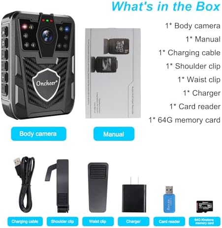 1080P Body Camera, Police Body Cam with 12H Continous Record, 64G SD Card, Shoulder and Waist Clips, Lightweight Personal Body Worn Cameras for Law Enforcement, Security Guards, Cycling Trip
