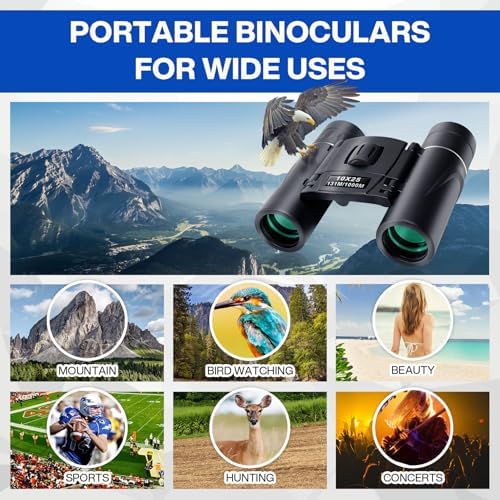 10x25 Compact Binoculars for Adults Kids, Binoculars for Concerts and Bird Watching Cruise Ship Essentials Hunting, Waterproof Binoculars with Low Light Night Vision