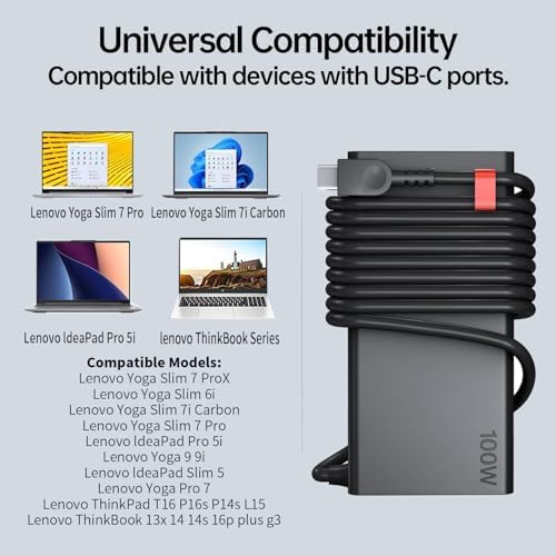 100W USB C Charger for Lenovo Yoga Slim 9 9i 7i Y9000 R9000 R7000P, ThinkBook 14 16 neo14 ADL100YCC3A ADL100YDC3A ADL100YLC3A ADLX65YDC2A Lenovo Laptop Charger USB Type C