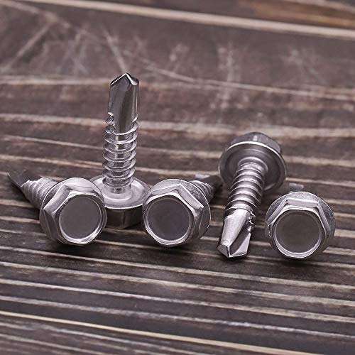 #8 x 1 Hex Washer Head Self Drilling Screws, Self Tapping Sheet Metal Tek Screws, 410 Stainless Steel, 100 PCS
