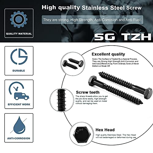 1/2" x 2" Hex Head Lag Screws Bolts 20Pcs 304 Stainless Steel 18-8, Partial Thread, Hexagon Head Wood Screws by Black Oxide by SG TZH