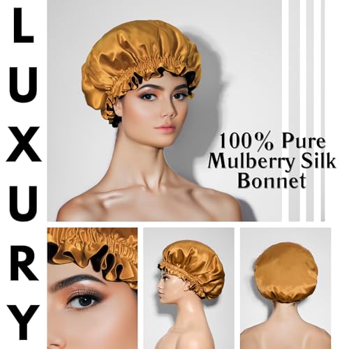 100% Pure Silk Bonnet for Sleeping Women - Reversible Mulberry Silk Hair Wrap - Satin Sleep Bonnet for Black Women - Silk Bonnet Satin Head Wrap for Sleeping - Made in USA (Amber Yellow and Black)