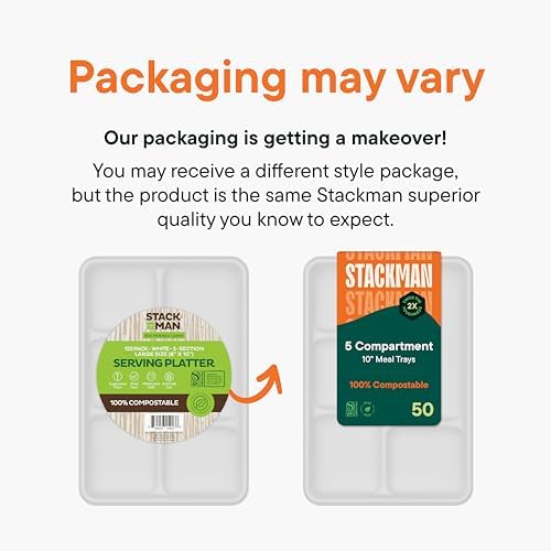 100% Compostable, 5 Compartment, Disposable Paper Plates [125-Pack] - {PFAS Free} - {BPA Certified} - [10 Inch] Heavy Duty Biodegradable Bagasse Sectional Lunch Trays + Dividers - Divided Platter Tray