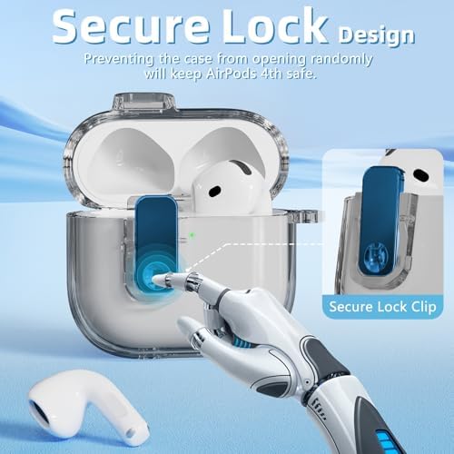 (with Safety Lock) Clear Case Compatible with AirPods 4th Generation Case with Cleaner Kit,Soft TPU Transparent AirPods 4 Case,Full Protection Cover with Lanyard for AirPods 4 Gen (2024) (USB-C)Black