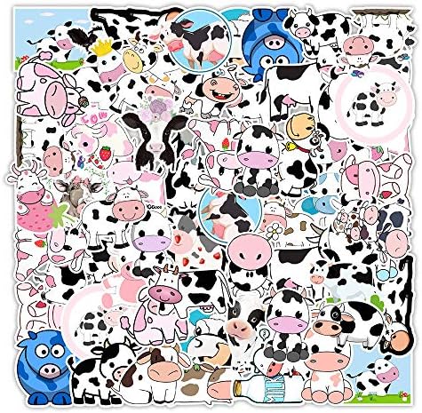 100 PCS Cow Stickers Waterproof PVC Vinyl Animal Decorative for Water Bottle Stickers Waterproof Vinyl Hydroflask Phone Skateboard Laptop Notebooks Stickers Gift to Friends Famils (Cow)