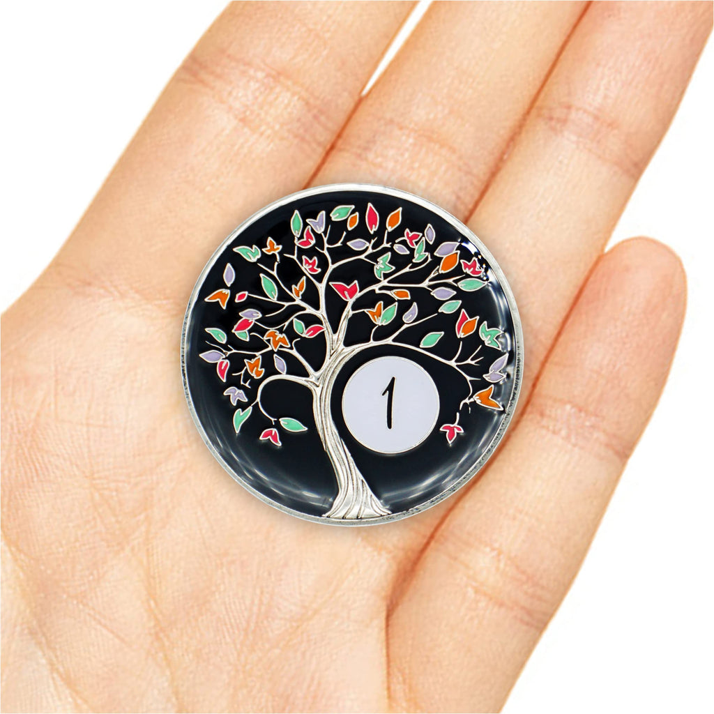1 Year Sobriety Chip | Tree of Life AA Coin Token Medallion with Glow in The Dark Recovery Anniversary