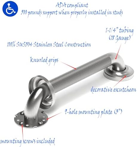 1-1/4" Knurled Grab Bar, ADA Compliant Bath Safety Shower Handrail, Bathroom Mobility Aid Handle for Seniors and Disabled, Heavy Duty 500lbs Support