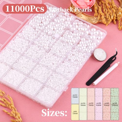 11000Pcs Flatback Pearls for Crafting (White), Assorted Size 2/3/4/5/6/8/10mm Half Pearl with 3Pcs 10ml B7000 Jewelry Glue, Bedazzling Bead for DIY Crafts Clothing Tumbler Shoes Embellishment Nail Art