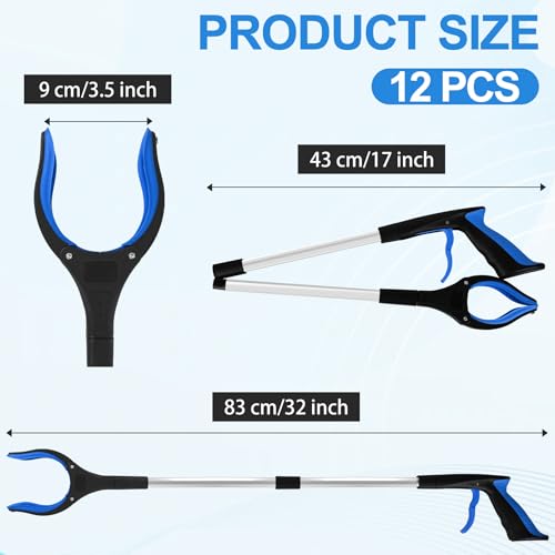12 Pack Grabber Reacher Tool for Elderly, 32" Extra Long Litter Stick Lightweight Handy Claw Grabber for Arm Extension Garbage Gripper Trash Pick up Litter Picker Garden(Blue Classic)