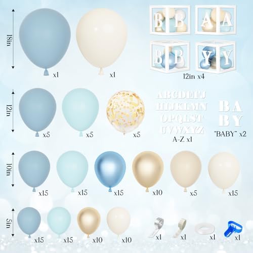 153pcs Dusty Blue Balloon Baby Shower Decorations for Boy with Baby Boxes, Blue Balloon Arch Kit Baby Boxes with Letter (A-Z+Baby) for Boho Baby Shower Boy Birthday Gender Reveal Party Supplies