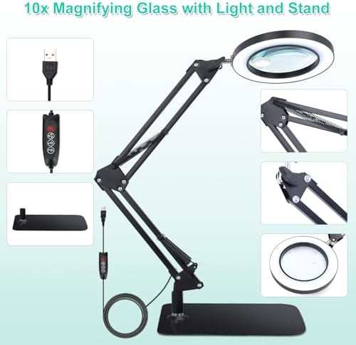 10X 20X Magnifying Glass with Light and Stand and Clamp, 2-in-1 Desk Book Magnifier for Reading 3 Color Modes Lighted Magnifying. Glass with Stand, Adjustable Height Magnifiers with Light Hands Free