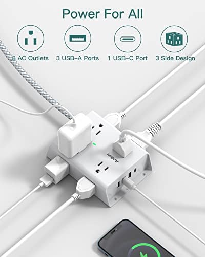15Ft Long Surge Protector Power Strip, Addtam Extension Cord with 8 AC Outlets and 4 USB Ports(1 USB C), 3-Side Outlet Extender Strip, Flat Plug, Wall Mount, Dorm Home Office Essential, ETL Listed