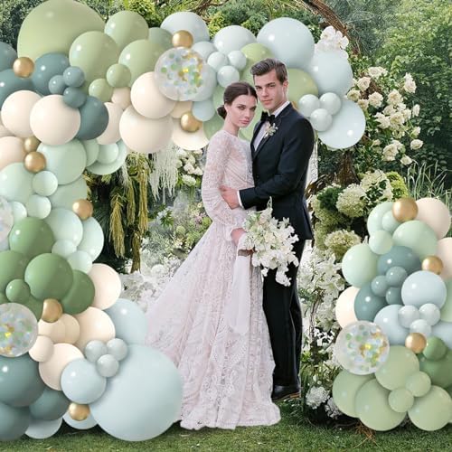 150Pcs Dusty Blue Green Balloon Garland Arch Kit, Ash Mist Green Haze Fog Blue Sand White Gold Balloons for Baby Shower Jungle Safari Woodland Wild One Bridal Birthday Party Decorations