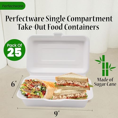 100% Compostable Single Compartment Take Out Food Containers 9x6". 25 Containers, Natural Disposable Bagasse, Eco-Friendly Biodegradable Made of Sugar Cane-Package of 25ct