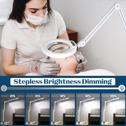 10X Magnifying Glass with Light and Stand, Super Bright 2,200 Lumens LED Magnifying Floor lamp with 5 Wheels Rolling Base, 5 Color Modes Stepless Dimming Lighted Magnifier for Esthetician Facial Salon