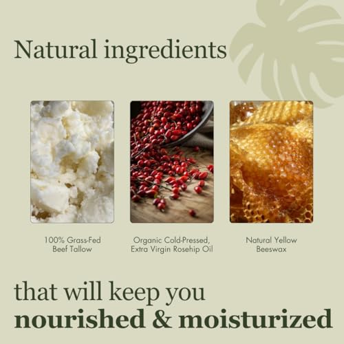 100% Grass-Fed Beef Tallow Face Moisturizer - Natural Organic Skin Care - Nourishing 2oz Balm with Rose Hip Oil & Beeswax for Sensitive Skin, Hands & Lips