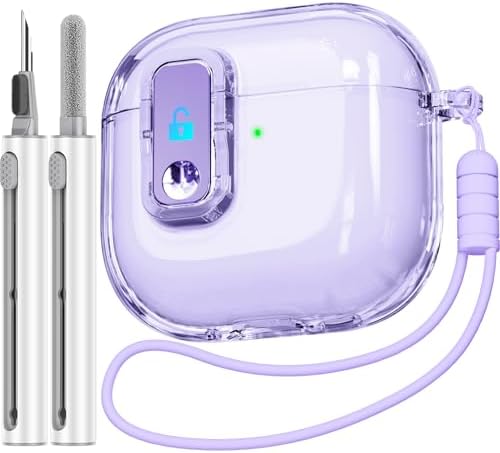 (with Safety Lock) Clear Case Compatible with AirPods 4th Generation Case with Cleaner Kit,Soft TPU Transparent AirPods 4 Case,Full Protection Cover with Lanyard for AirPods 4 Gen (2024) (USB-C)Purple