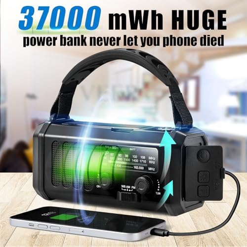 10000mAh Crank Radio, Emergency Radio,NOAA/AM/FM Weather Radio, Type-C Charge,Solar Charging,SOS, 3 Modes LED Torch, Reading Lamp, Compass for Outdoor Survival(Black)