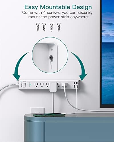 15FT Power Strip Surge Protector, Extension Cord with Multiple Outlets, 6 AC Outlet 4 USB (2 USB C), Flat Plug, Wall Mount, Multi Plug Outlet Extender for Home Office Dorm Room Essentials