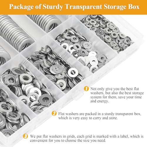 1000 Pieces 9 Sizes 304 Stainless Steel Flat Washers for Screws Bolts, Stainless Steel Washers, Metal Washers, Assorted Washers (M2 M2.5 M3 M4 M5 M6 M8 M10 M12)