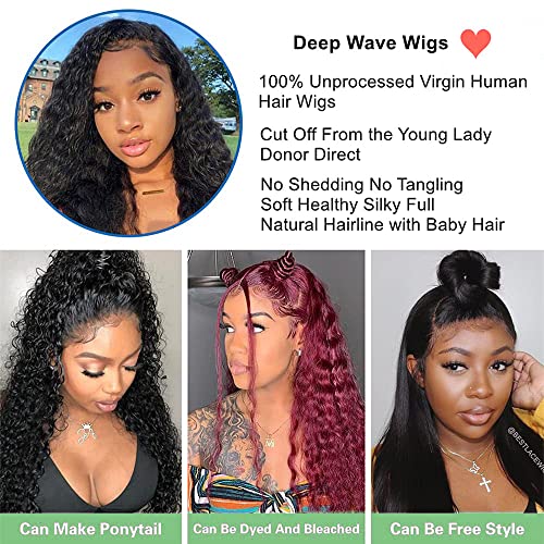 13x4 Deep Wave Lace Front Wigs Human Hair Pre Plucked 180% Density HD Deep Curly Lace Frontal Wigs Human Hair Glueless Curly Human Hair Wigs for Women Natural Black (13x4 Deep Wave Wig, 24 Inch)