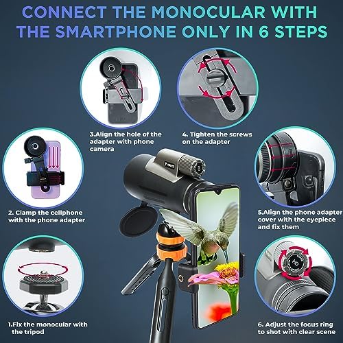 12x56 HD Monocular Telescope High Powered for Adults with Smartphone Adapter, Tripod - Compact Monocular Scope with Clear Low-Light Night Vision for Star Watching, Bird Watching, Hiking