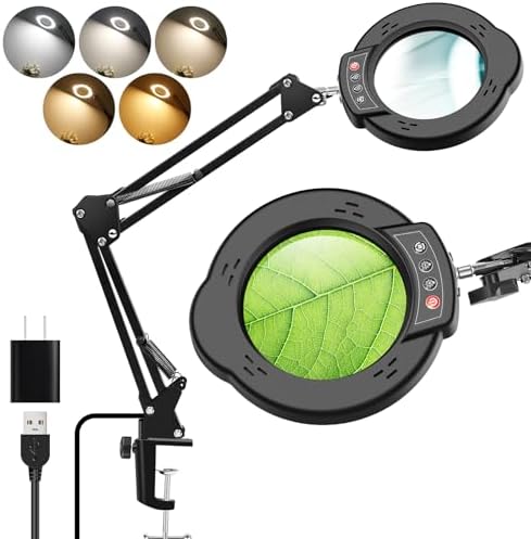10X Magnifying Glass with Light and Clamp，Real Glass Lens 5 Color Modes Dimmable LED Lighted Magnifier with Swing Arm Hands Free Magnifying Desk Lamp for Crafts Sewing Painting Reading Close Work