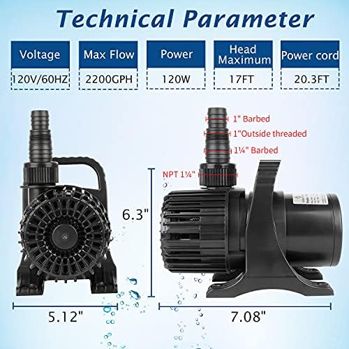 (2200GPH-120W,UL listed) High Flow Large Fountain Submersible Water Pond Sump Pump Aquarium Electric Waterfall Pump Outdoor PS-2200