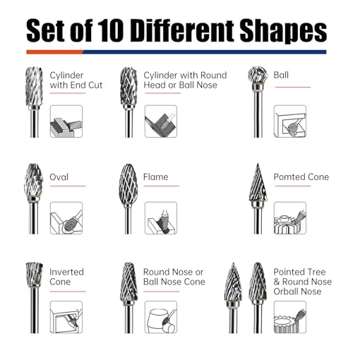 10Pcs Carbide Burr Bits Set Compatible with Dremel 1/8", Rotary Tool Bits with Double-Cut Design, Die Grinder Bits Accessories for Metal Aluminum Wood Stone Steel Plastic Carving Cutting Grinding