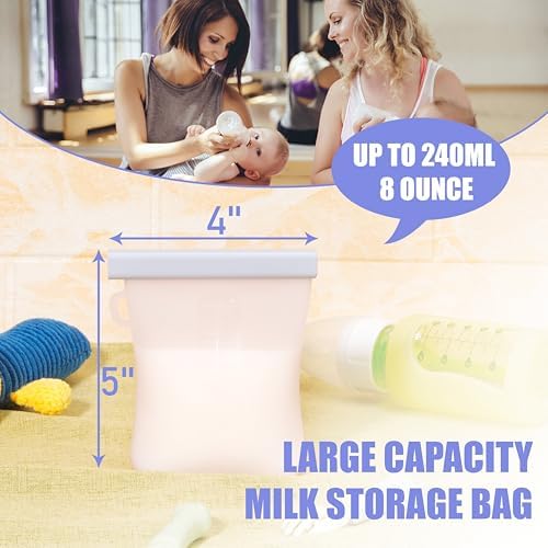 12 Pcs Silicone Breastmilk Storage Bags Reusable, 8oz/240ml Double Leak-Proof Breastmilk Freezer Bags, BPA Free Self-Standing Milk Bags for Breastfeeding, Baby Food Pouches