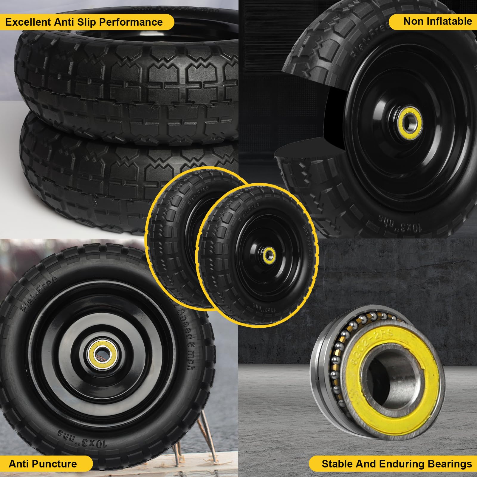 10 Inch Solid Rubber Tires, 4.10/3.50-4 Tire and Flat Free with 5/8" Bearings, 2.17" Offset Hub for GOR Garden Carts, Garden Wagon Carts, Trolleys, Hand Trucks and Utility Cart(2 Pack)