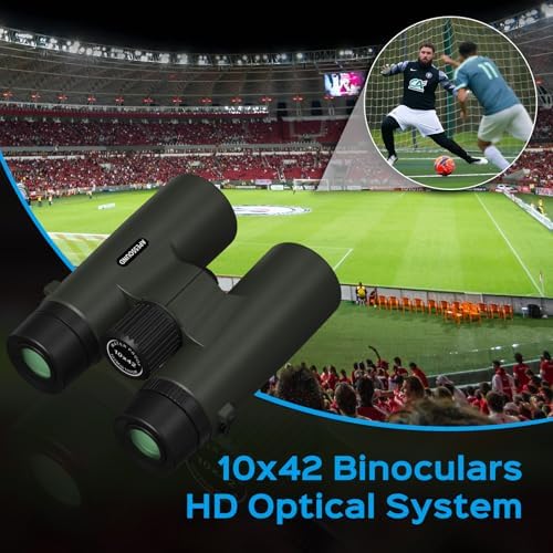 10x42 Binoculars - HD Optical System, Fully Multi-Coated Lens and BAK4 Prism, IPX7 Nitrogen-Filled Waterproof, Fogproof, Shockproof, Rubber Armoring, Tripod Adaptable, with Carrying Bag