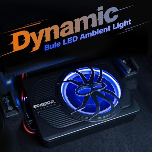 10" Upgrade 800W Slim Under Seat Powered Car Subwoofer, Car/Truck Audio Sub Built in Amplifier amp Combo Package, with Blue LED Light (Subwoofer+Installation Wire Kit)