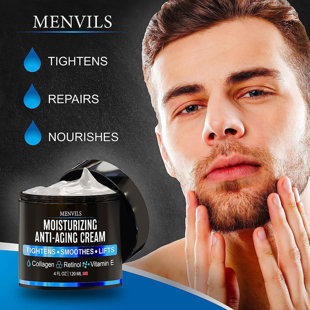 (2 Pack) Mens Face Moisturizer Cream - Anti Aging & Wrinkle for Men with Collagen, Retinol, Vitamins E, Jojoba Oil - Face Lotion - Age Facial Skin Care - Eye Wrinkle - Made in USA - 8 oz Total