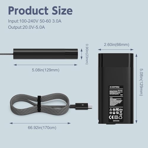 100W USB C Laptop Charger, Dell Latitude 5420 5520 7420 5400 7300 7275 7280 7200 2-in-1 7285 2-in-1 3120 3300 3301 9410 9420 XPS 9250 9Q23 9300 9305 9550 9560 Power Supply Adapter