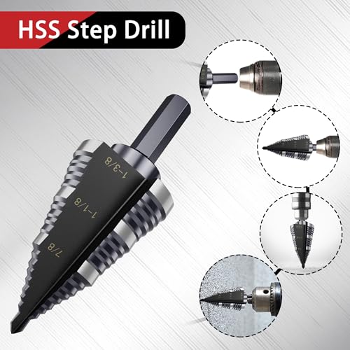 1/4 to 1-3/8 Inch Step Drill Bit, M2 High-Speed Steel Double Fluted Drill bits, Straight Grooved Step Drill Bit for Hole Drilling in Stainless Steel, Copper, Aluminum, Wood, Plastic
