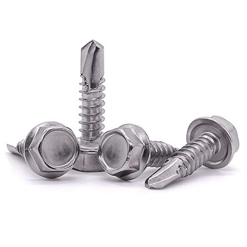 #8 x 1 Hex Washer Head Self Drilling Screws, Self Tapping Sheet Metal Tek Screws, 410 Stainless Steel, 100 PCS