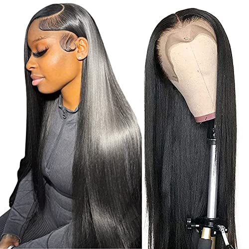 13x6 Straight Lace Front Wigs Human Hair HD Transparent Lace Front Human Hair Wigs for Black Woman Brazilian Lace Frontal Wigs Human Hair Glueless Wigs Human Hair Pre Plucked Natural Color 26 Inch
