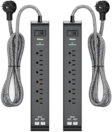 15FT Power Strip Surge Protector - 2 Pack Extension Cord with 6 Outlets 4 USB Ports, Flat Plug, 900 Joules, 15A Circuit Breaker, Wall Mount for Home Office Dorm